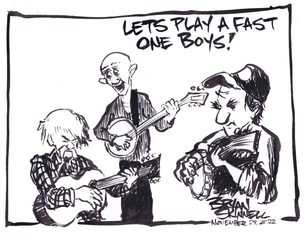 A funny black and white cartoon of some old guys playing their guitars. Drawn by cartoonist Bryan Skinnell.
