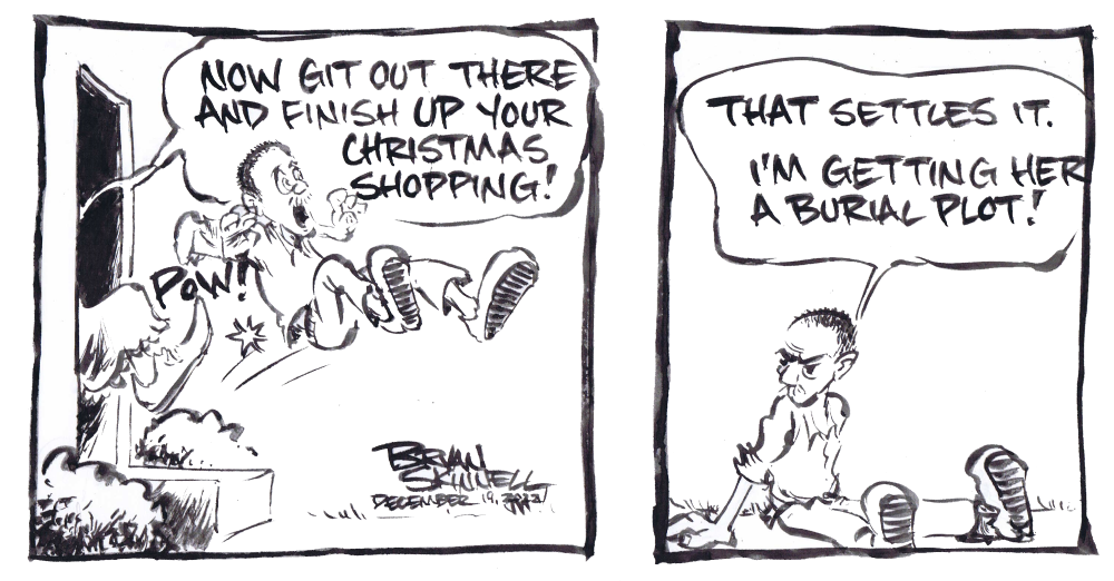Black and white comic strip of Bryan getting kicked out the door and butt landing on the sidewalk. Drawn by artist Bryan Skinnell.