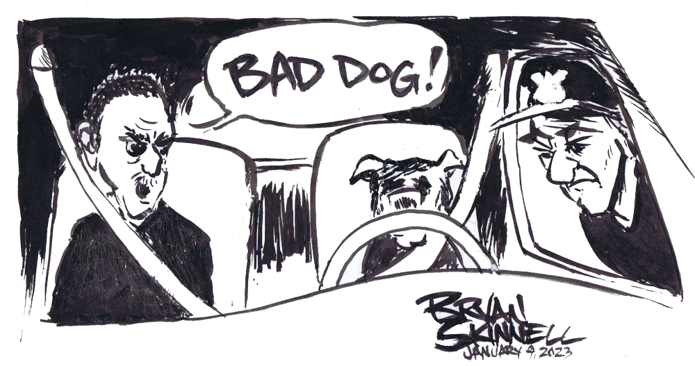 Funny black and white cartoon of a bad dog driving a car. Drawn by artist Bryan Skinnell.