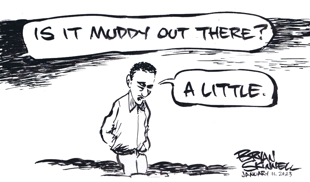 My funny black and white cartoon of Bryan sinking in the mud. Drawn by artist Bryan Skinnell.