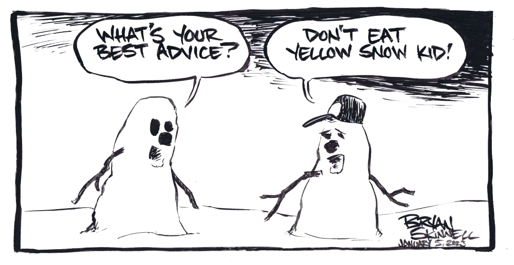 My funny black and white comic of a snowman warned about not eating yellow snow. Drawn by artist Bryan Skinnell.