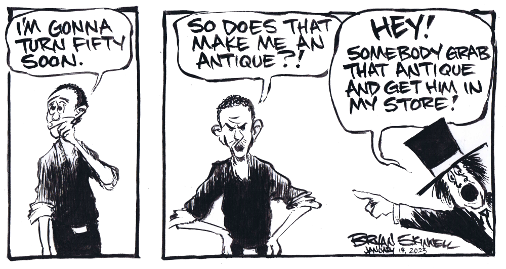 A funny black and white comic of Bryan as an antique. Drawn by artist Bryan Skinnell.
