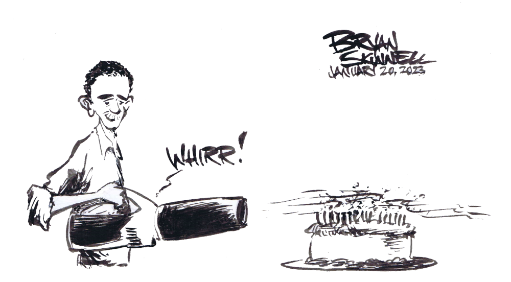 Funny black and white cartoon of Bryan blowing out the candles on his birthday cake with a leaf blower. Drawn by artist Bryan Skinnell.