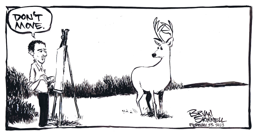 Black and white cartoon of Bryan painting some wildlife. Drawn by artist Bryan Skinnell.