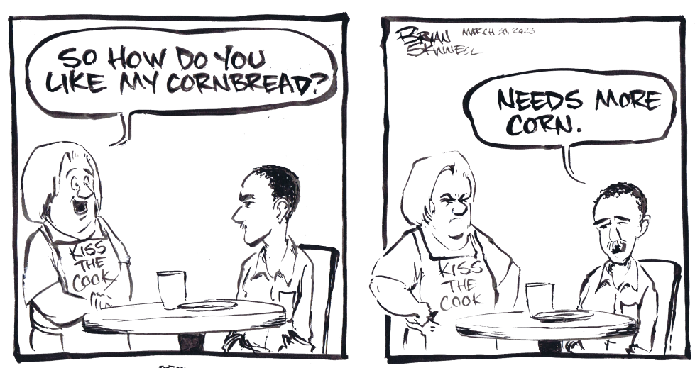 My funny black and white comic of a fat waitress asking Bryan about her cornbread. Drawn by artist Bryan Skinnell.