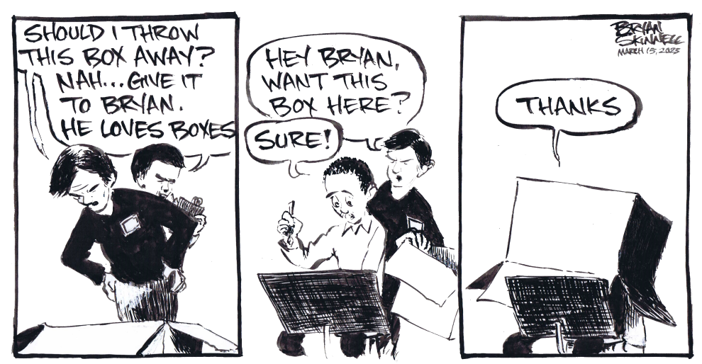 Funny black and white comic of Bryan getting a cardboard box over his head. Drawn by cartoonist Bryan Skinnell.