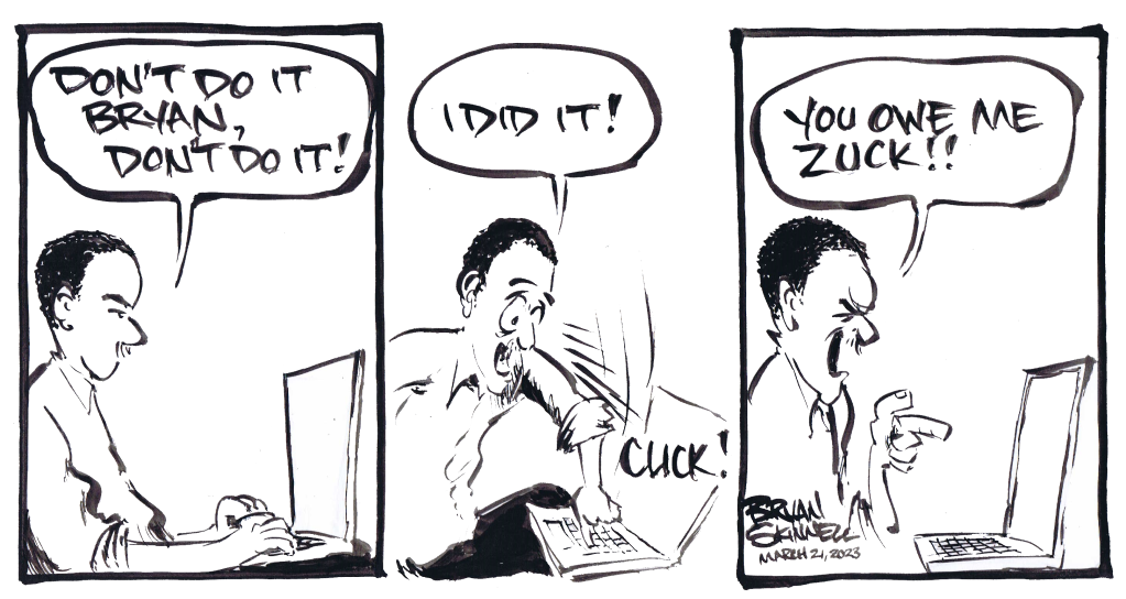 A funny black and white comic of Bryan yelling at his computer. Drawn by artist Bryan Skinnell.