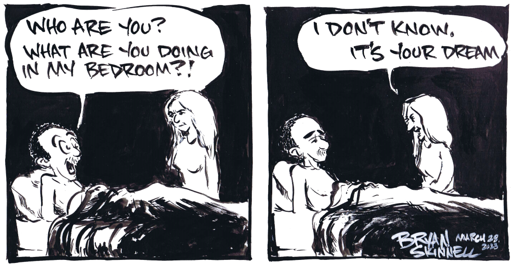 My funny black and white comic strip of Bryan dreaming of a beautiful woman in his bedroom. Drawn by artist Bryan Skinnell.