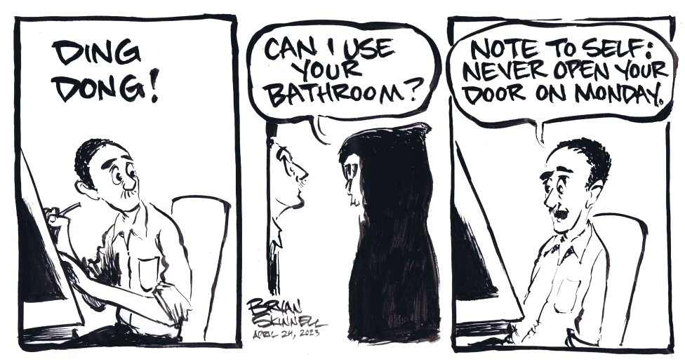 My funny black and white comic strip of the Grim Reaper needing to go to the bathroom. Drawn by artist Bryan Skinnell.