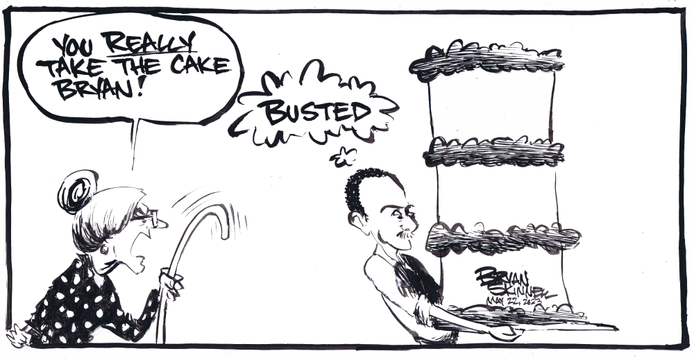 My funny black and white cartoon of Bryan taking the cake! Drawn by artist Bryan Skinnell.