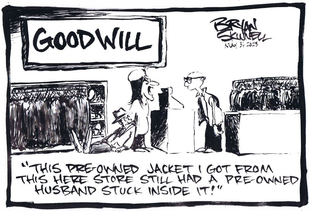 My funny black and white cartoon of an unhappy woman bringing back a pre-owned jacket when she found a pre-owned husband in it. Drawn by artist Bryan Skinnell.