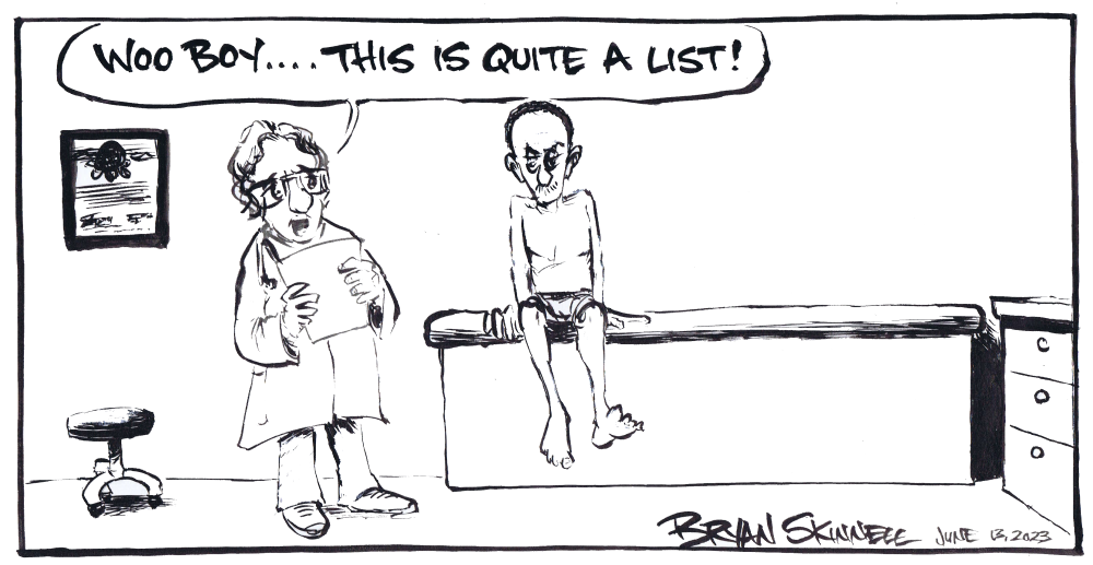 My funny cartoon of Bryan sitting in the doctor's office for a physical. Drawn by artist Bryan Skinnell.