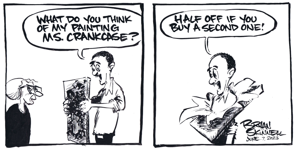 Funny black and white comic strip of Bryan trying to sell a painting to a cranky old lady. Drawn by artist Bryan Skinnell.