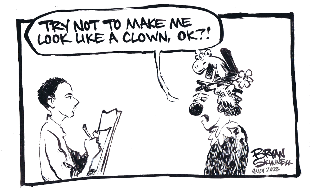 My funny black and white cartoon of Bryan drawing a concerned clown. Drawn by artist Bryan Skinnell.