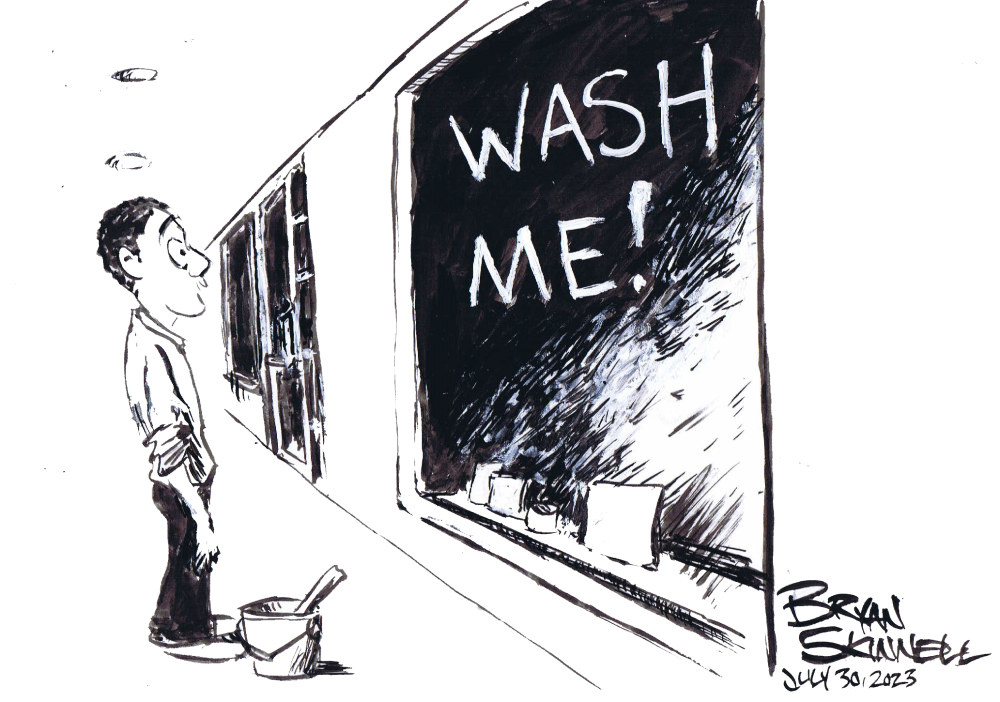 A funny black and white cartoon of Bryan on a window washing job. Drawn by artist Bryan Skinnell.