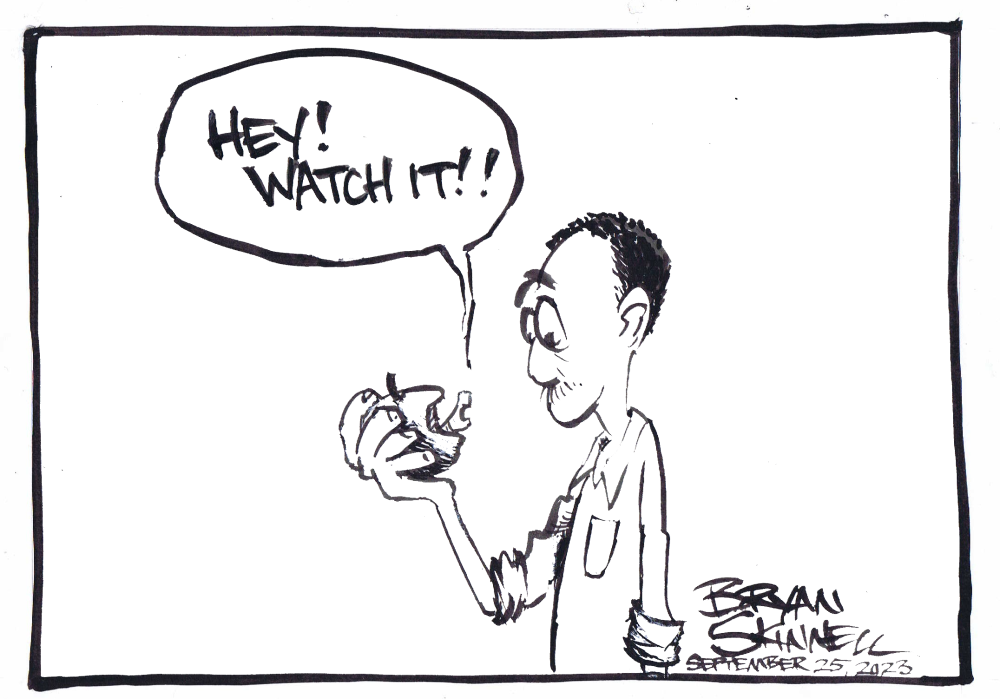 My funny black and white cartoon of Bryan finding a darn worm in his apple. Drawn by artist Bryan Skinnell.