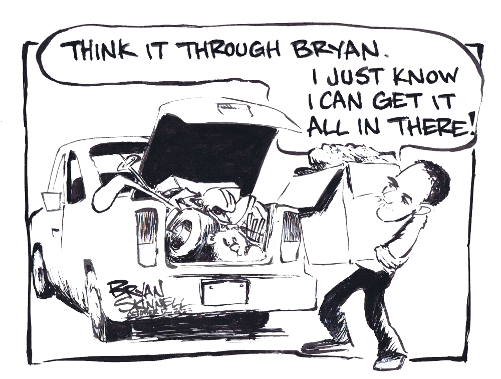 My funny black and white cartoon of Bryan discovering how full the trunk of his car really is. Drawn by artist Bryan Skinnell.