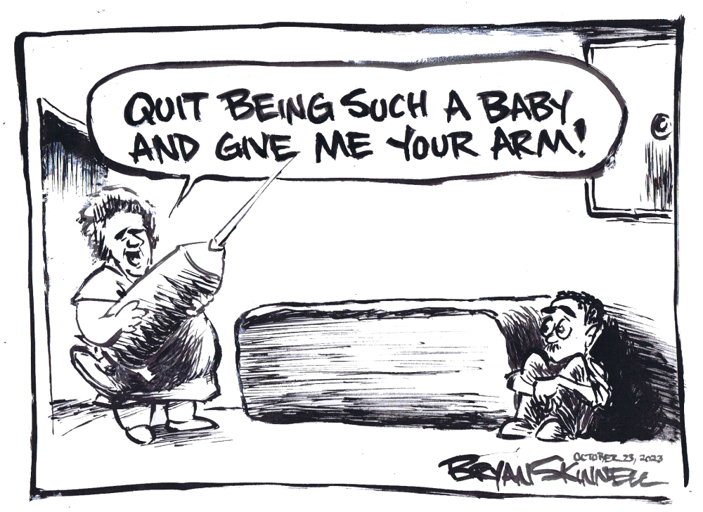 My funny black and white cartoon of Bryan about to get a shot from a fat nurse. Drawn by artist Bryan Skinnell.