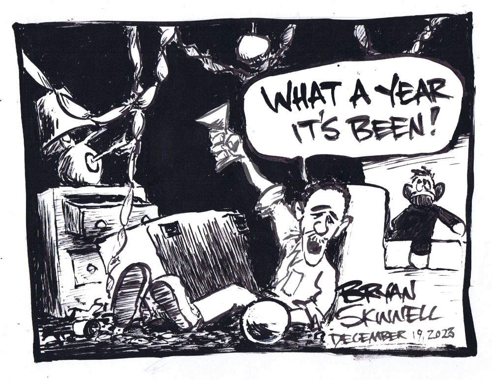 My funny black and white cartoon of Bryan ringing in the New Year's. Drawn by artist Bryan Skinnell.