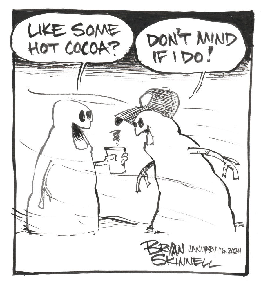 My funny black and white cartoon of a couple silly snowmen enjoying hot cocoa on a snowy day. Drawn by artist Bryan Skinnell.