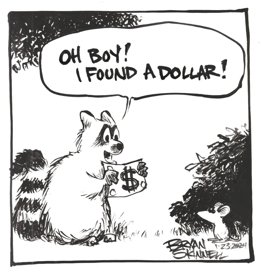 My funny black and white cartoon of a raccoon with a dollar he found. Drawn by artist Bryan Skinnell.