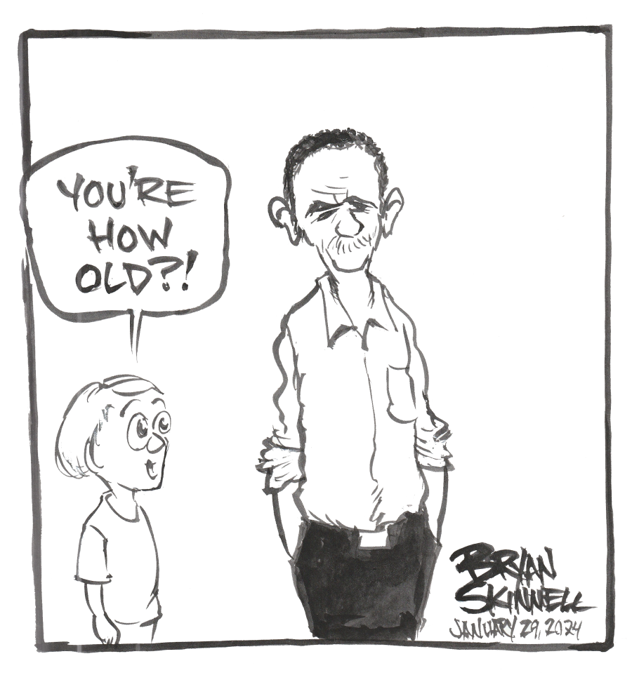 My funny black and white cartoon of Bryan feeling old. Drawn by artist Bryan Skinnell.