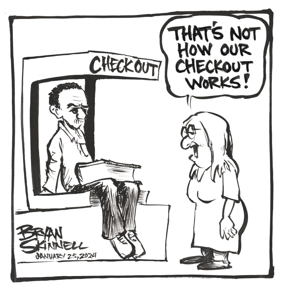 Enjoy my funny black and white cartoon of Bryan using an automatic checkout at the local library to the chagrin of an unhappy librarian. Drawn by artist Bryan Skinnell.