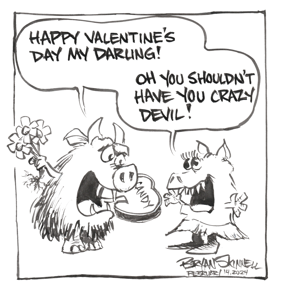 My funny black and white cartoon of a couple of happy Valentine devils. Drawn by artist Bryan Skinnell.