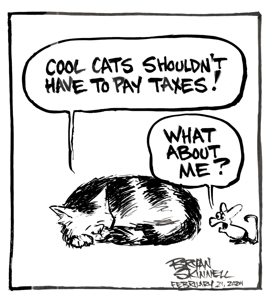 My funny black and white cartoon of a sleeping cat and a cute little mouse. Drawn by artist Bryan Skinnell.