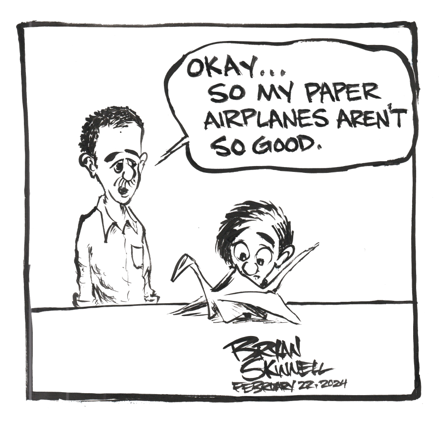 My funny black and white cartoon of Bryan trying to make a paper airplane for a kid. Drawn by artist Bryan Skinnell.