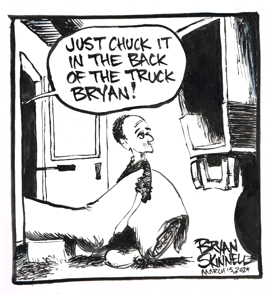 My funny black and white cartoon of Bryan hauling an old rug out of a house and up to a large truck parked in the yard. Drawn by artist Bryan Skinnell.