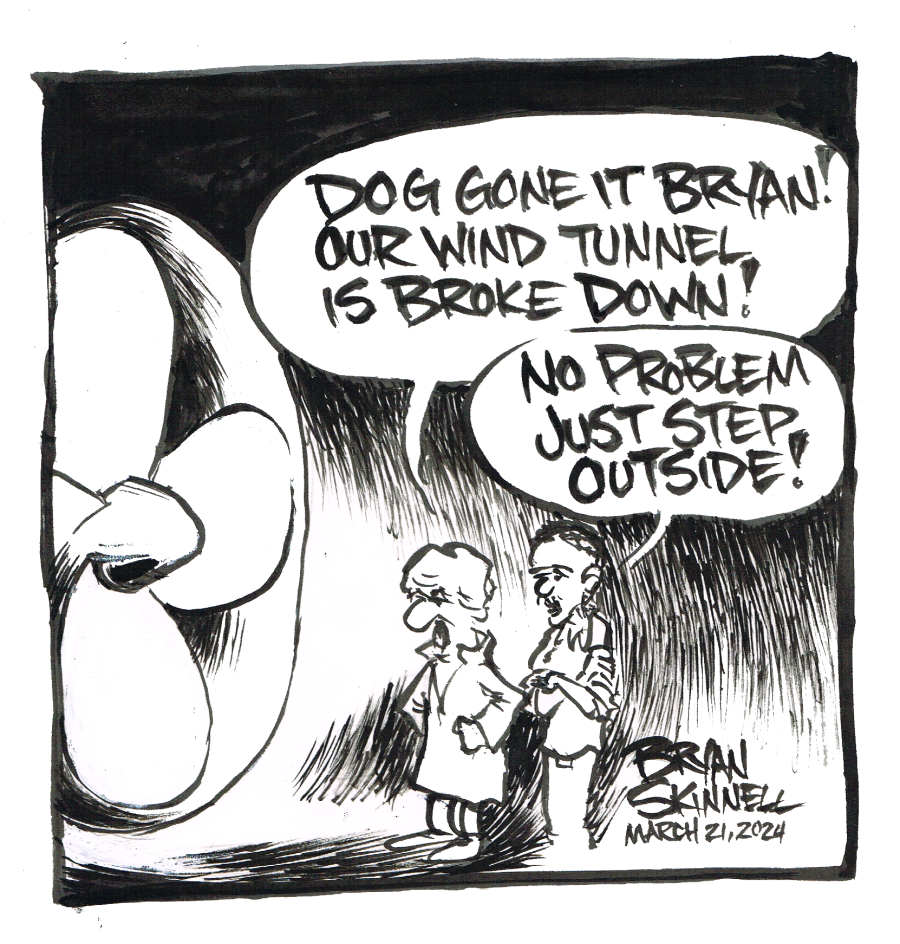 My funny black and white cartoon of Bryan standing in a wind tunnel. Drawn by artist Bryan Skinnell.