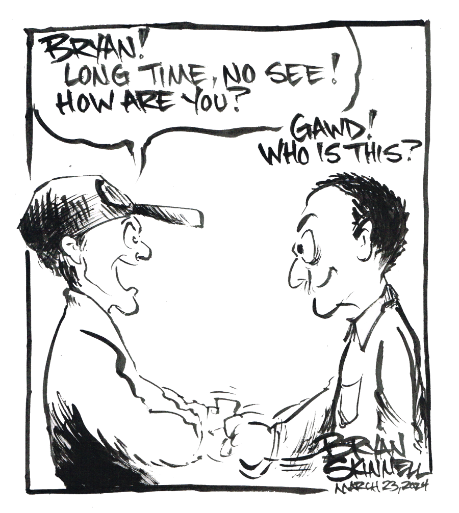My funny black and white cartoon of Bryan shaking hands with some friendly stranger. Drawn by artist Bryan Skinnell.