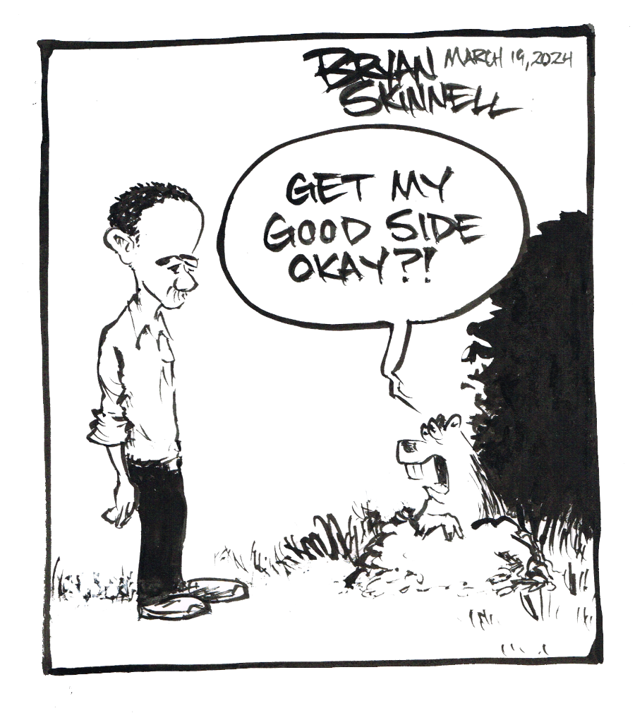 My funny black and white cartoon of Bryan talking to a groundhog who wants his picture drawn. Drawn by artist Bryan Skinnell.