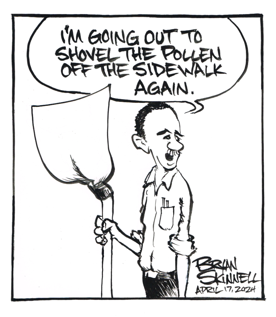 My funny black and white cartoon of Bryan holding a shovel. Drawn by artist Bryan Skinnell.