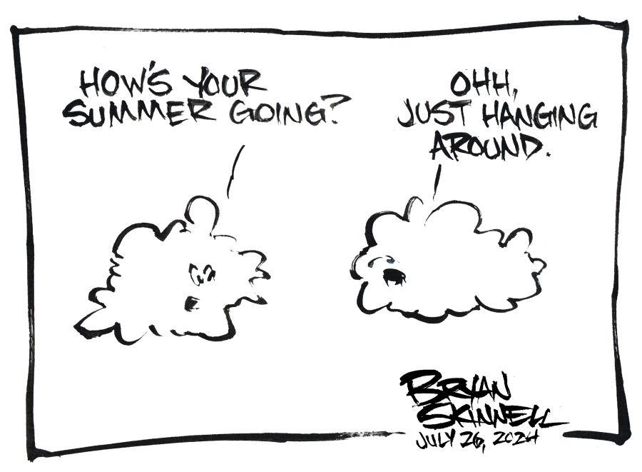 My funny black and white cartoon of a couple of talking clouds. Drawn by artist Bryan Skinnell.