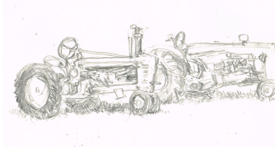 A pencil drawing of some antique tractors at the 2024 Bedford County Fair. Drawn by artist Bryan Skinnell.