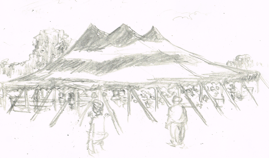 A pencil drawing of the tent where all the animals were kept. Drawing by artist Bryan Skinnell.