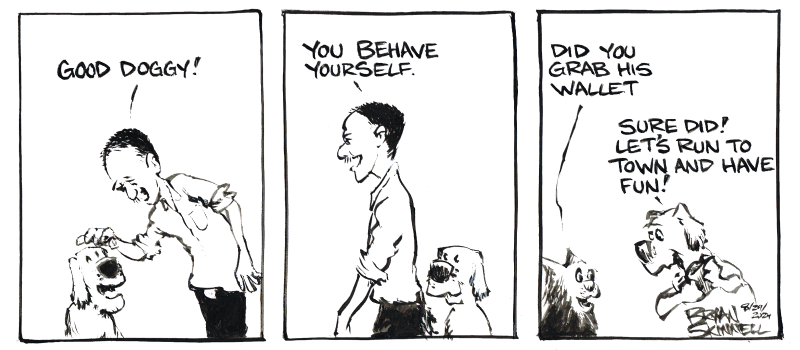 Funny black and white comic strip of Bryan petting a dog. Drawn by artist Bryan Skinnell.