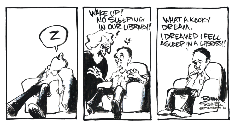 Funny black and white comic strip of Bryan sleeping in the library. Drawn by artist Bryan Skinnell.