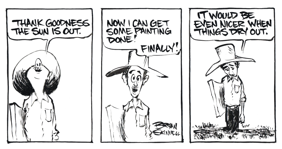 My funny black and white comic strip of Bryan standing in the mud. Drawn by artist Bryan Skinnell.