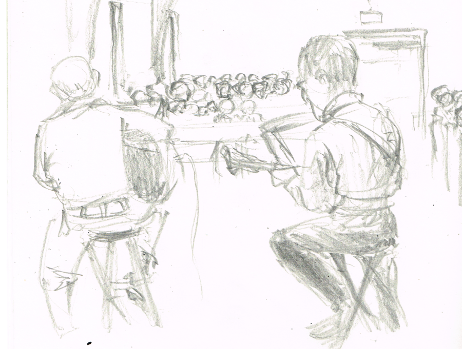 A pencil sketch Bryan made at his church's Christmas Cantata of some members of the band playing music. Drawn by artist Bryan Skinnell.