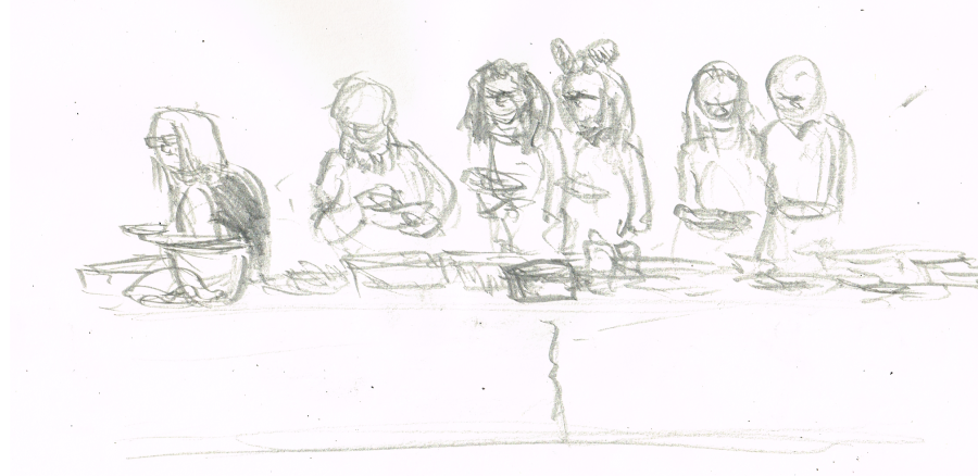 A fast pencil sketch of the refreshment table after the Christmas Cantata. Drawn by artist Bryan Skinnell.