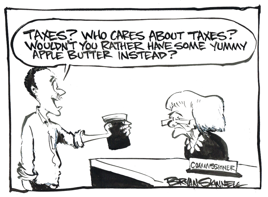 My funny black and white cartoon of Bryan trying to get out paying taxes by paying with some homemade apple butter. Drawn by artist Bryan Skinnell.