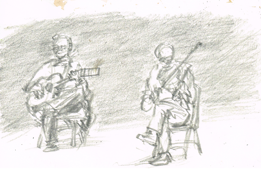 Pencil sketch of some local musicians playing.  Drawn by artist Bryan Skinnell