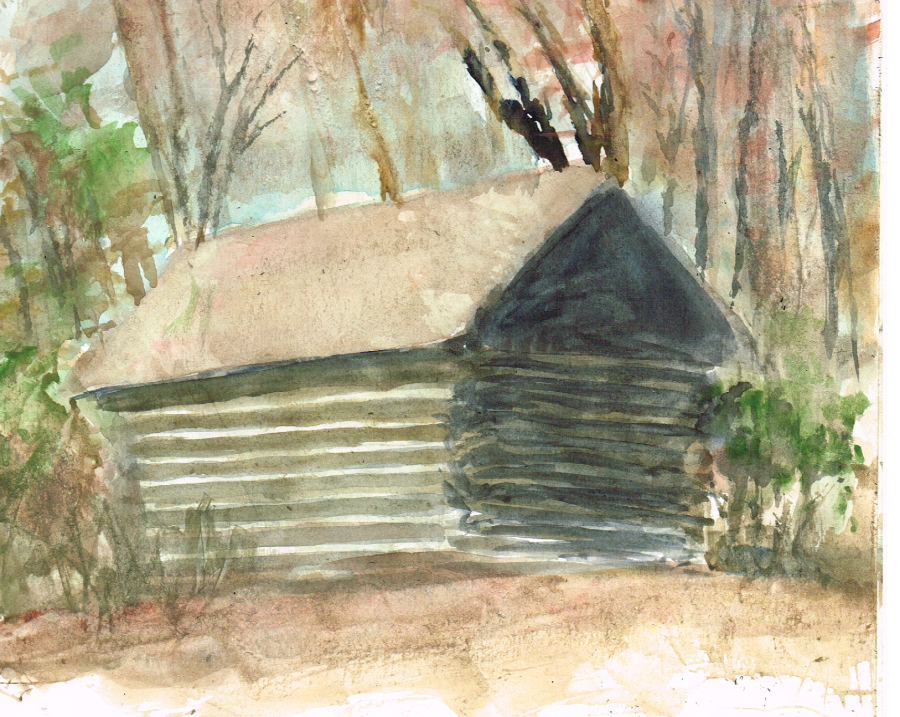 Watercolor painting of an old tobacco barn by artist Bryan Skinnell