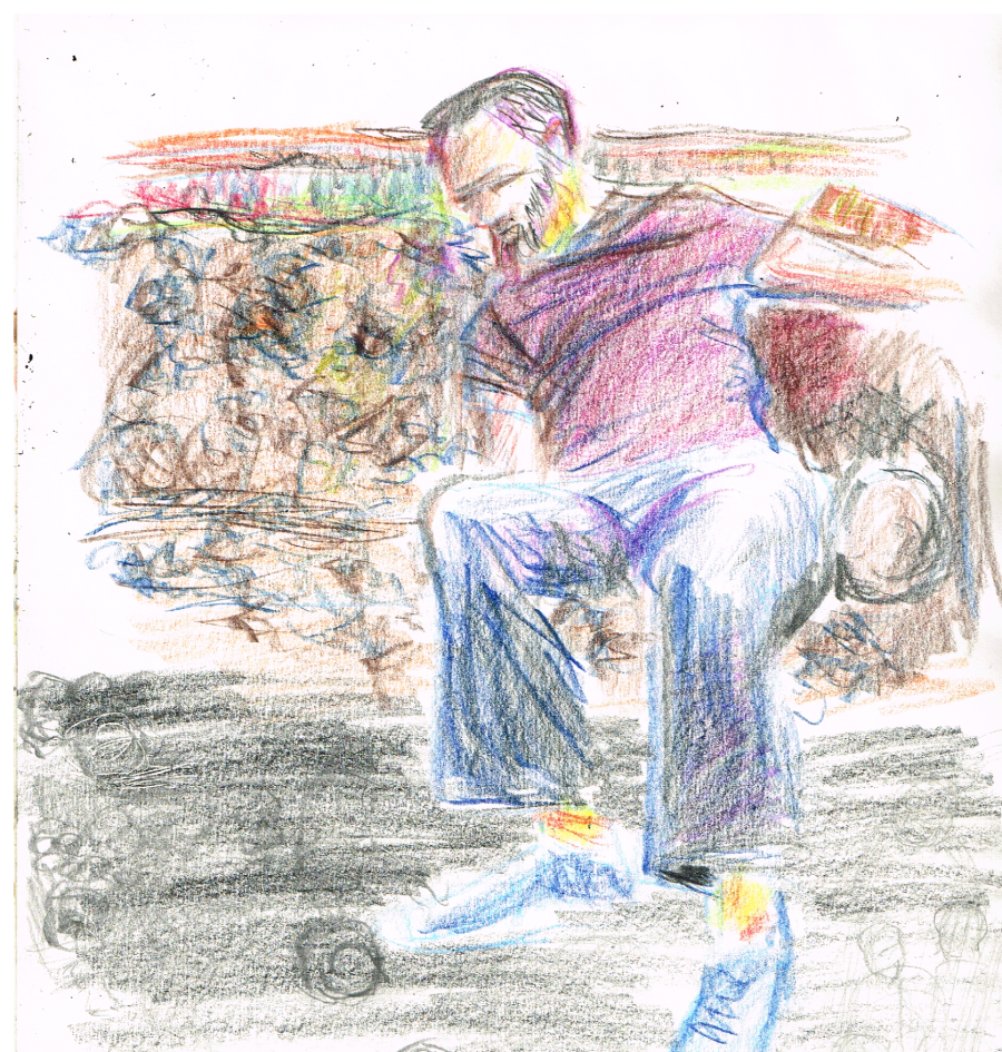 Watercolor pencil sketch of my brother Will after the turkey gorgefest.  Drawn by artist Bryan Skinnell