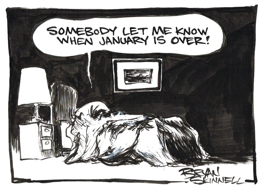 Funny black and white cartoon of Bryan in bed and not wanting to get up. Drawn by artist Bryan Skinnell.