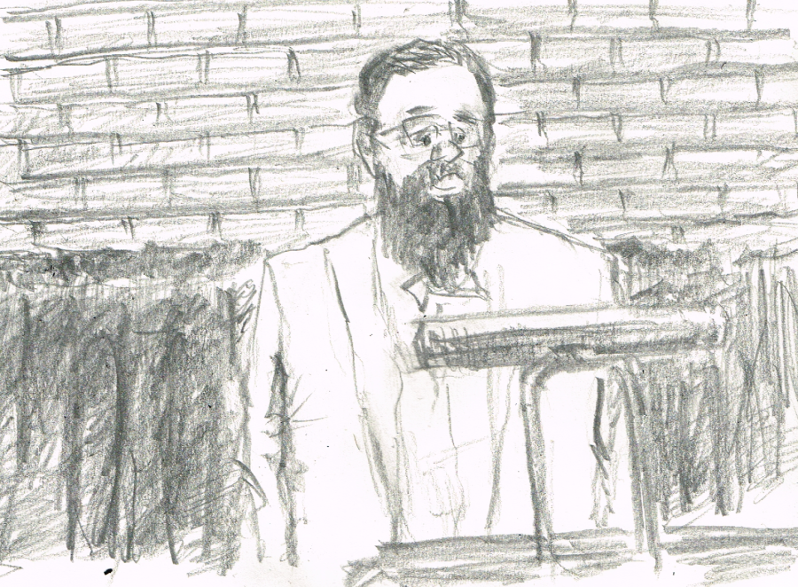 Pencil drawing of Pastor Brandon preaching from the pulpit on a Sunday morning. Drawn by artist Bryan Skinnell.