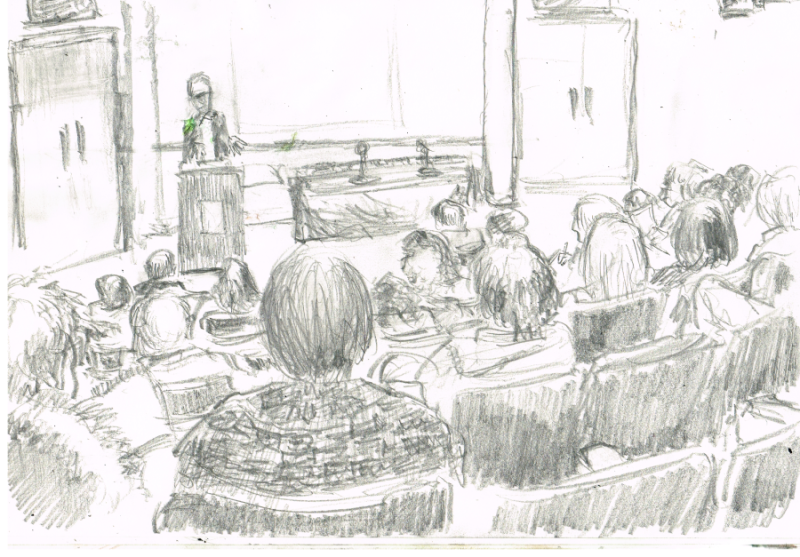 Pencil sketch of the opening ceremony in the Hollins College auditorium for the 2025 Roanoke Regional Writer's conference. Drawn by artist Bryan Skinnell.